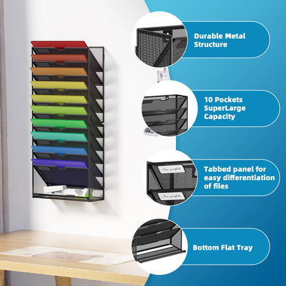 Marbrasse Wall File Holder 11-Tier Hanging Wall File Organizer, for Papers, Files Clipboard & Magazine Organizer, Wall Mount File Holder Great for Office Home (Black)