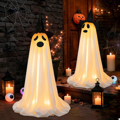 Bensbl 2Pcs Outdoor Ghost Decorations Light Up Standing Ghosts with String Lights 3 Expressions and 2 Witch Hats for Front Porch Yard Lawn Haunted House Decor