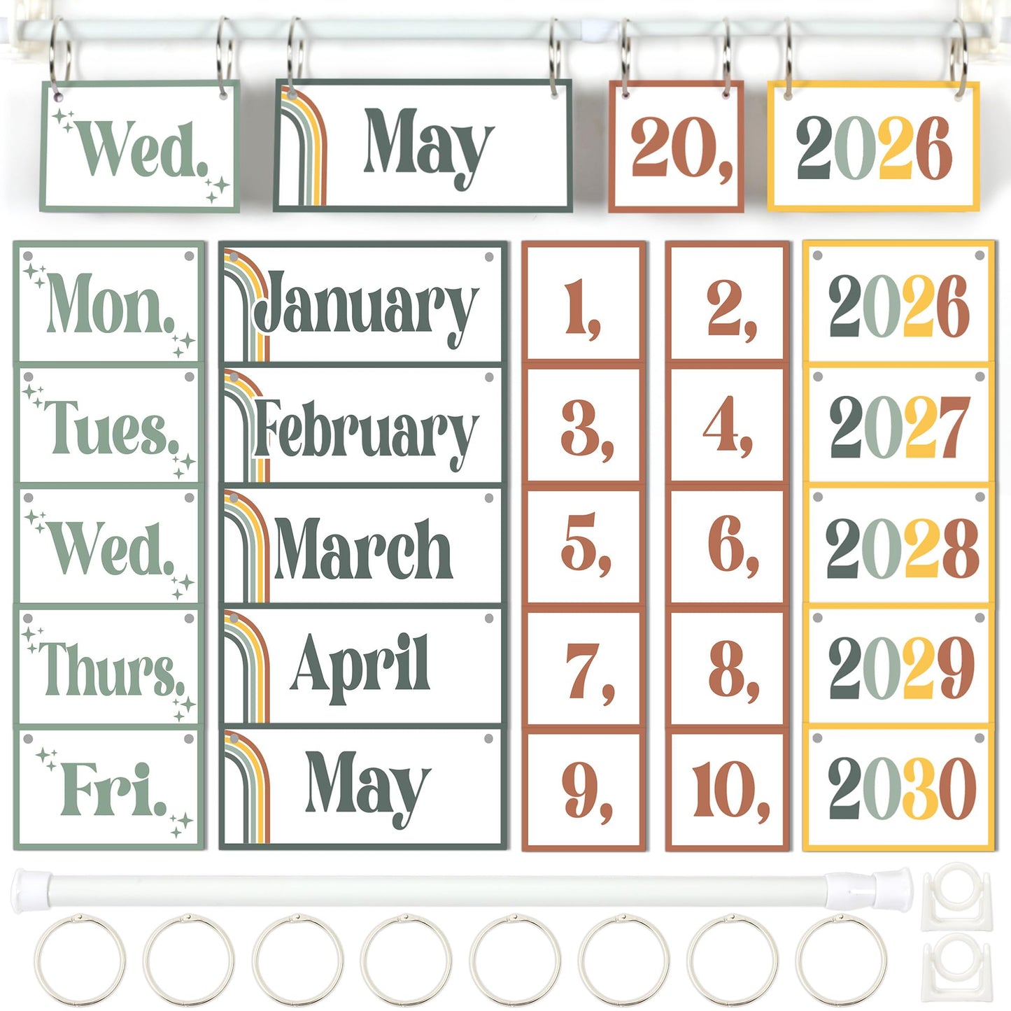 Boho Green Flip Calendar Bulletin Board Set Sage Green Calendar for Classroom Whiteboard Decor with 2026 to 2030 Years Date Cards and Adjustable Rod for Home Elementary Back to School Teacher Supplies