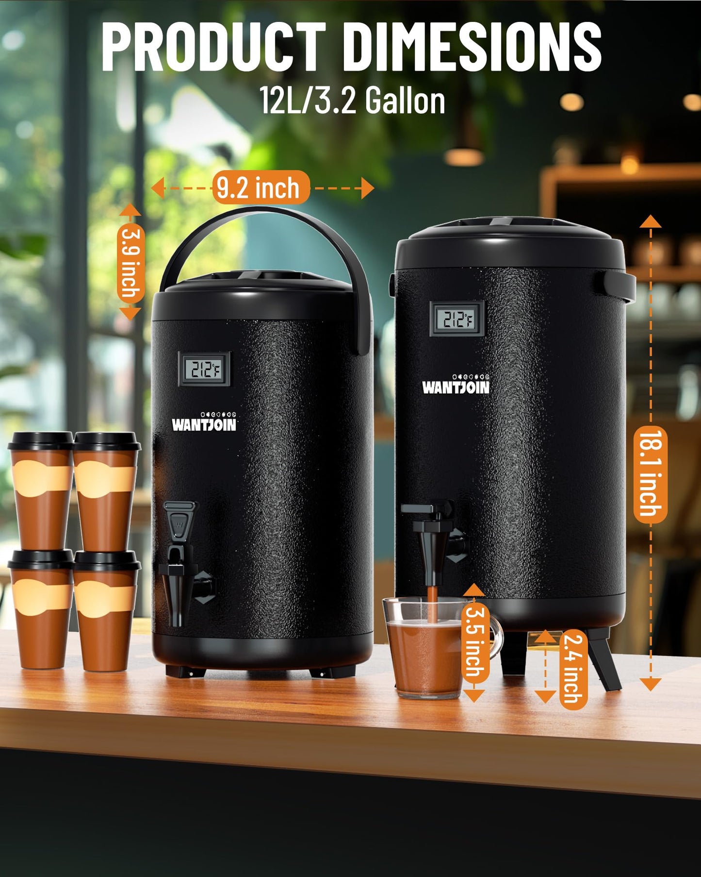 WantJoin Insulated Beverage Dispenser - 1-pack Thermal Hot and Cold Drink Dispenser with Spigot, Stainless Steel Premium 12 L/3.2 Gallon for Coffee & Hot tea,Cold Milk,Water,Juice (Black)