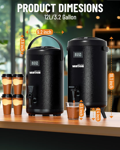 WantJoin Insulated Beverage Dispenser - 1-pack Thermal Hot and Cold Drink Dispenser with Spigot, Stainless Steel Premium 12 L/3.2 Gallon for Coffee & Hot tea,Cold Milk,Water,Juice (Black)