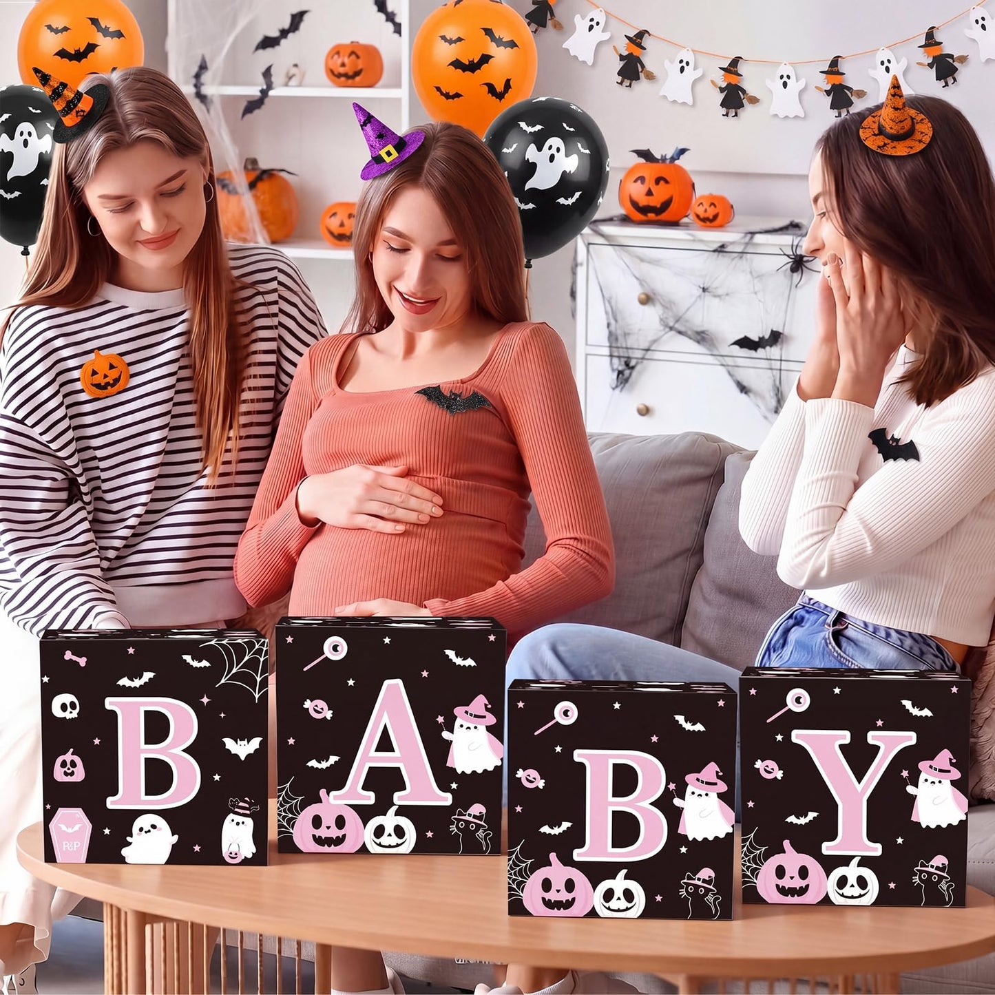 AmazingSpark 4 Pcs Pink Ghost Halloween Baby Shower Boxes with Letters Halloween A Little Boo Is Almost Due Candy Box Decor with Letters Blocks Baby Shower Centerpiece for Party Backdrop
