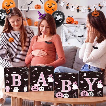 AmazingSpark 4 Pcs Pink Ghost Halloween Baby Shower Boxes with Letters Halloween A Little Boo Is Almost Due Candy Box Decor with Letters Blocks Baby Shower Centerpiece for Party Backdrop