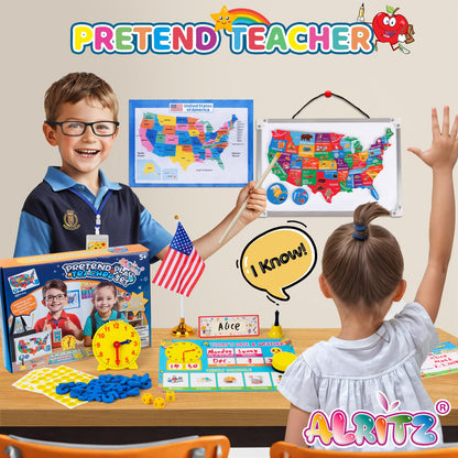Alritz Pretend Teacher Playset, Role Pretend Play Kids School Toys Kit Include Map, Calendar, White Board Boys Girls Toys, Birthday Gift for Ages 5 6 7 8 9 10 11 12 13+