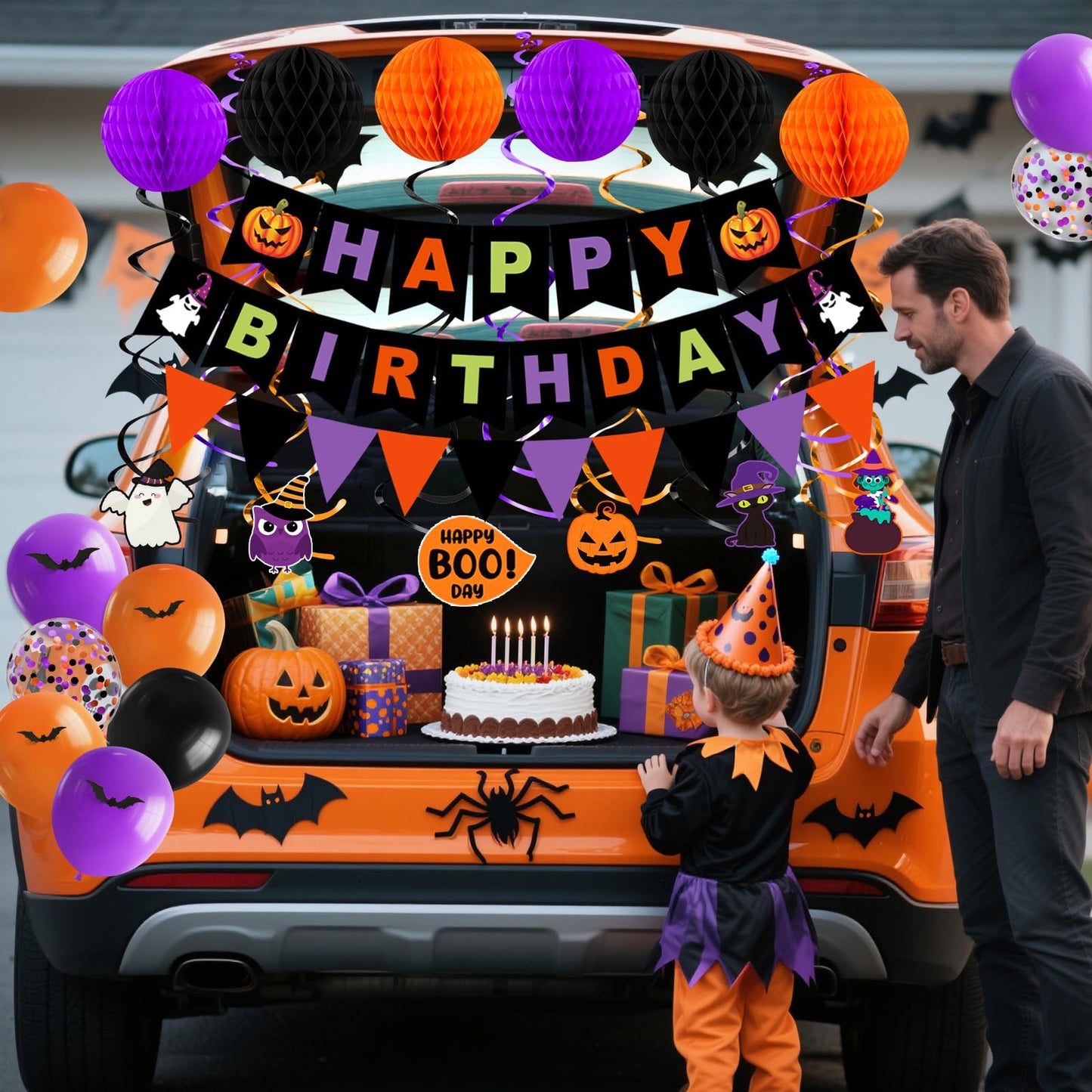 Halloween Birthday Party Decorations, 70PCs Halloween Birthday Decorations Set Including HAPPY BIRTHDAY Banner Bat Stickers Hanging Garland Swirl Streamers Purple Orange Black Balloons Honeycomb Ball