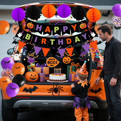 Halloween Birthday Party Decorations, 70PCs Halloween Birthday Decorations Set Including HAPPY BIRTHDAY Banner Bat Stickers Hanging Garland Swirl Streamers Purple Orange Black Balloons Honeycomb Ball