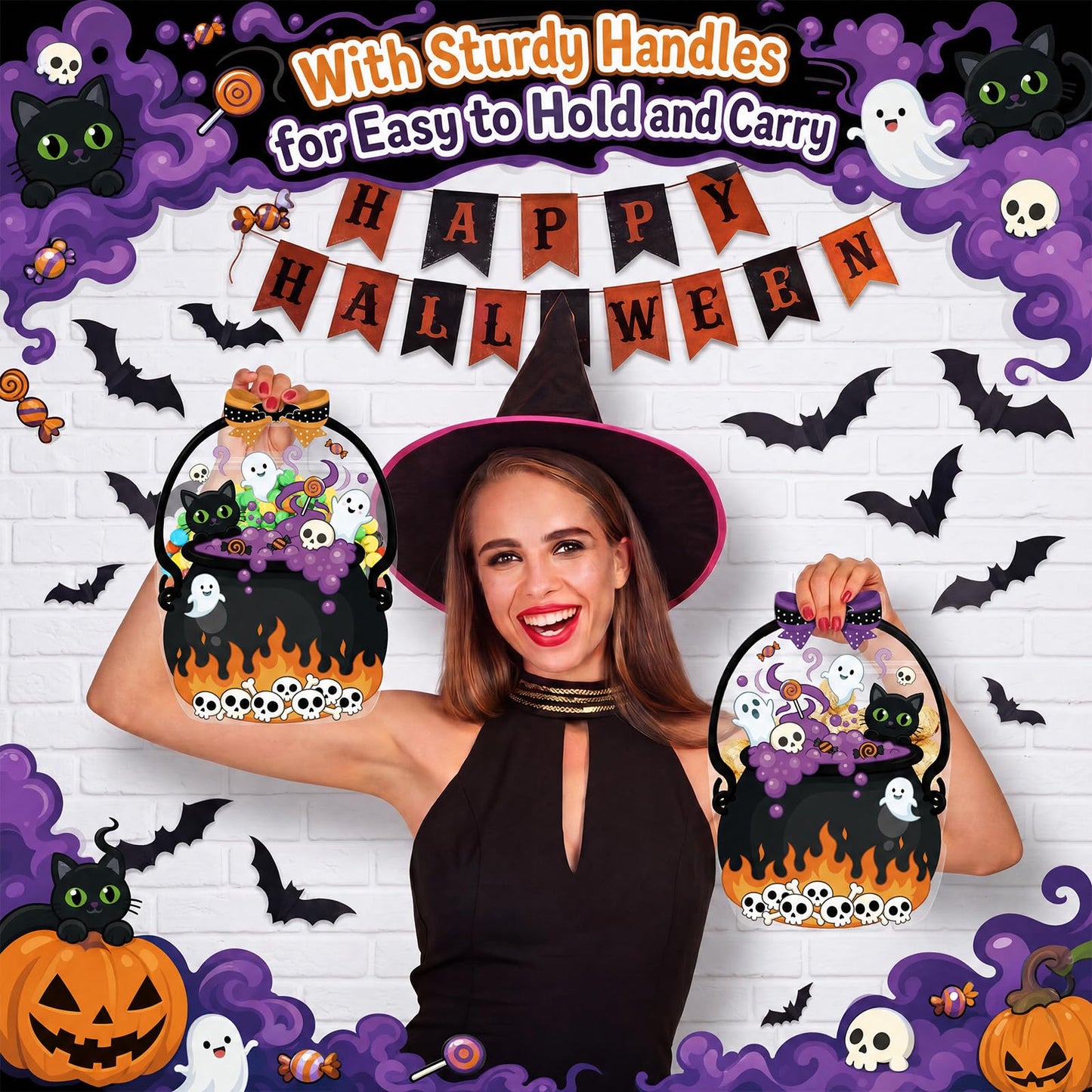 Fuutreo 50 Pcs Halloween Plastic Bags Clear Black Cat Witch Cauldron Sealed Gift Pouches with Handles Resealable Scary Holiday Favor Bags for Halloween Holiday Party Candy Gift Wrapping Supplies Decor