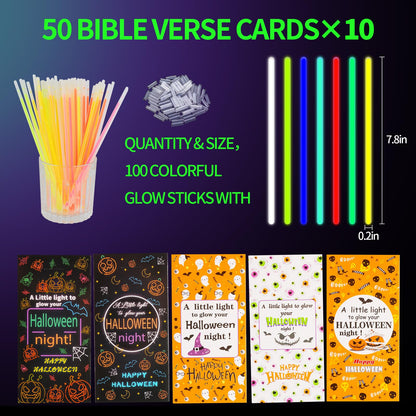 LiYiQ 50 Packs Halloween Gifts Cards with 100 Glow Sticks Let Your Light Shine Cards with Glow Sticks Pumpkin Cards for VBS Sunday Supplies (Halloween)