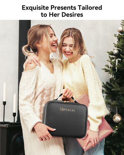 JUSRON Travel Makeup Bag With LED Mirror,Train Case with Light up Mirror, Portable Makeup Artist Organizer Bag with Adjustable Dividers (Black, Large)