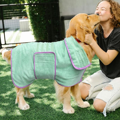Soft Dog Bathrobe Fast Drying Dog Coat, Super Absorbent Dog Towels for After Bath, Microfiber Pet Robe Adjustable Collar & Belly Warm Keeping Dogs Coat for Pet Dogs & Cats (Green, Large)