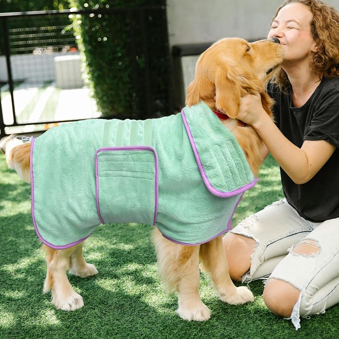 Soft Dog Bathrobe Fast Drying Dog Coat, Super Absorbent Dog Towels for After Bath, Microfiber Pet Robe Adjustable Collar & Belly Warm Keeping Dogs Coat for Pet Dogs & Cats (Green, 3X-Large)