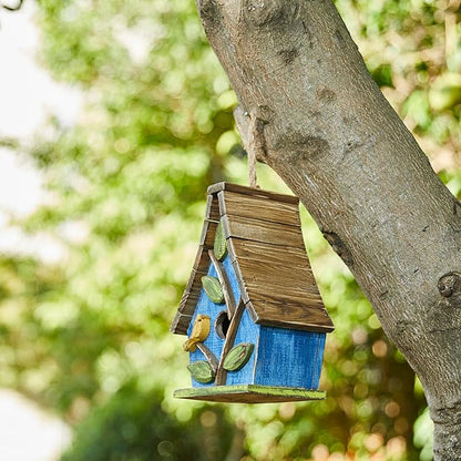 Glitzhome Birdhouses for Outdoors,9.5"H Hanging Bird House Decorative Pet Cottage Wooden Birdhouse Hummingbird Houses for Outside,Bluebird House with Natural Wood Slatted Roof and 3D Tree,Washed Blue