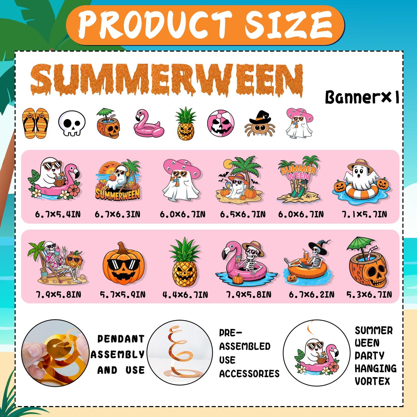 Summerween Decorations, Summer ween Party Supplies with Summerween Banner Garland and Hanging Swirls, Pumpkin Ghost Skull Summer Halloween Decorations for Bearch Pool Decorations