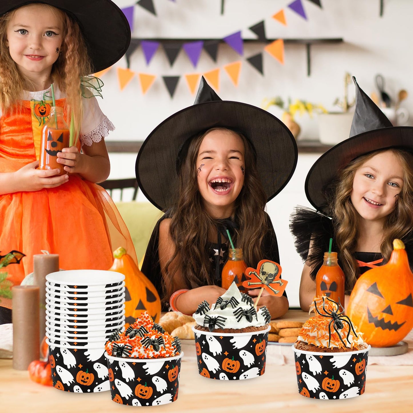 JarThenaAMCS 50Pcs Halloween Treat Snack Cups 8oz Pumpkin Ghost Ice Cream Bowl Spooky Disposable Paper Bowls for Hot Cold Food Halloween Decorations