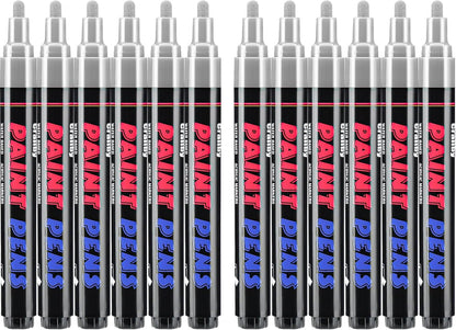 Silver Paint Pens Paint Markers - 12 Pack Permanent Quick Dry Waterproof Marker Pens for Rocks Wood Fabric Plastic Canvas Glass Mugs Metal Tire Stone