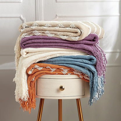 BOURINA Fluffy Chenille Knitted Fringe Throw Blanket Lightweight Soft Cozy for Bed Sofa Chair Throw Blankets, Off White 50" x 60"