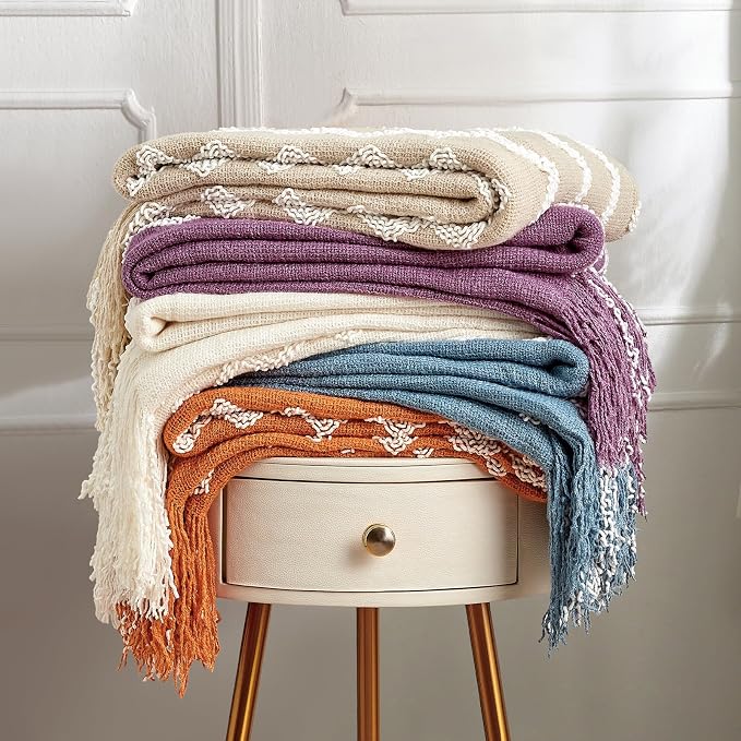BOURINA Fluffy Chenille Knitted Fringe Throw Blanket Lightweight Soft Cozy for Bed Sofa Chair Throw Blankets Deep Purple 50" x 60"