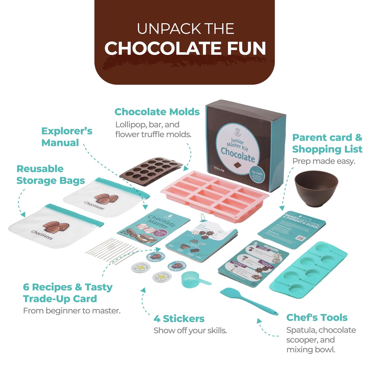 Tovla Jr. Real Chocolate Making Kit for Kids | Learn to Cook with Real Tools | Educational STEM Gift Set Ages 4+ | DIY Chocolate Activity with Visual Recipes for Boys & Girls