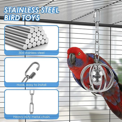 DBNESS Heavy-Duty Stainless Steel Bird Toy for Parrots, Durable Hollow Foraging Ball with Detachable Chain, Chew-Proof Parakeet Training Toys for Macaws, Amazons, Eclectus, African Greys, Cockatoos
