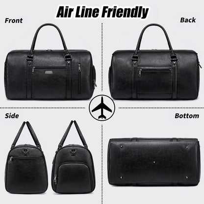 Large Travel Duffel Bag for Women Men, Faux Leather Weekender Overnight Bag with Shoe Compartment, Waterproof Carry On Bag with Toiletry Bag, Travel Tote Bag Gym Bag (Black)