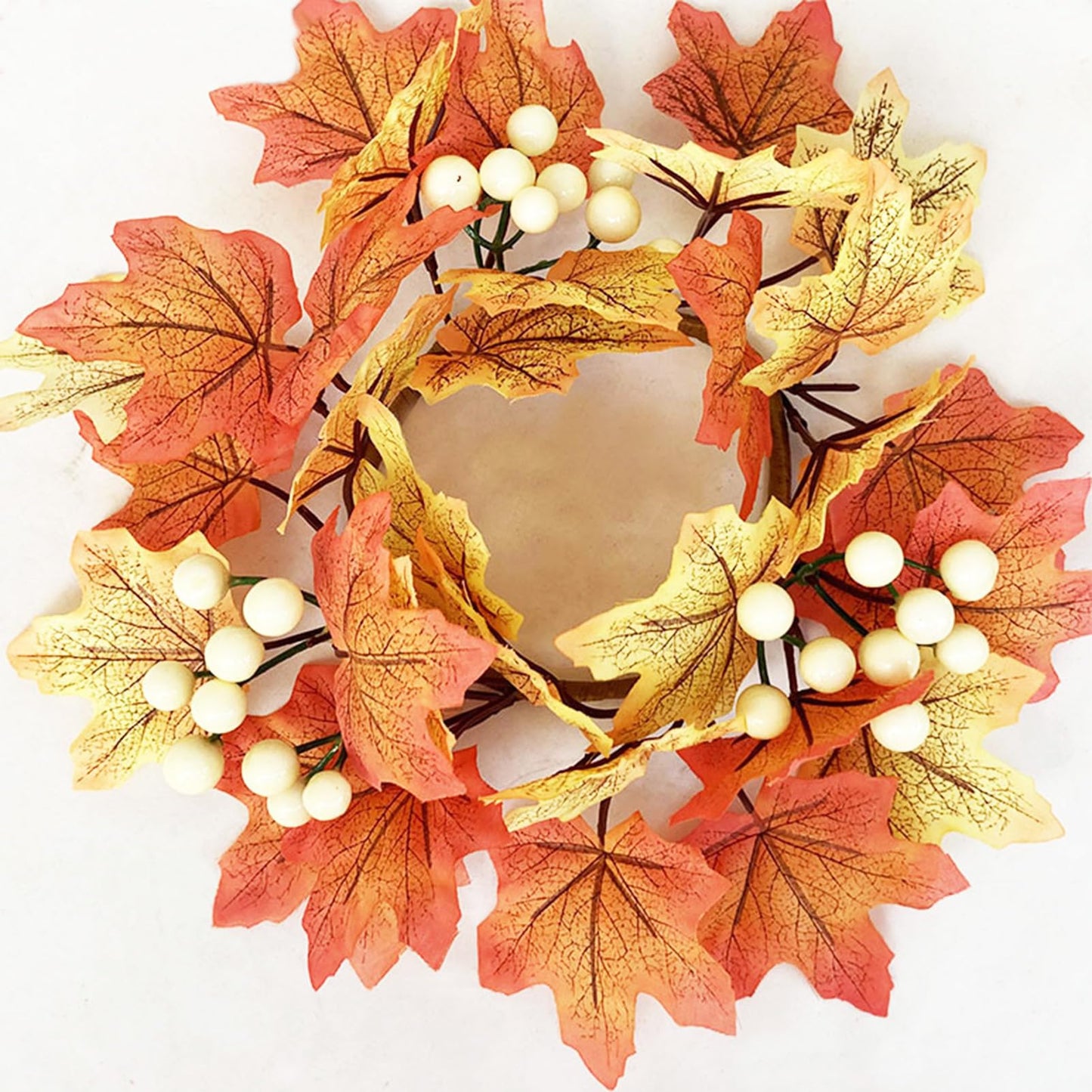2pcs 9.8" Candle Rings Artificial Flower Wreath Autumn Harvest Maple Leaf with Ginkgo Fall Thanksgiving Table Centerpiece Front Door Harvest Festival Home Decor