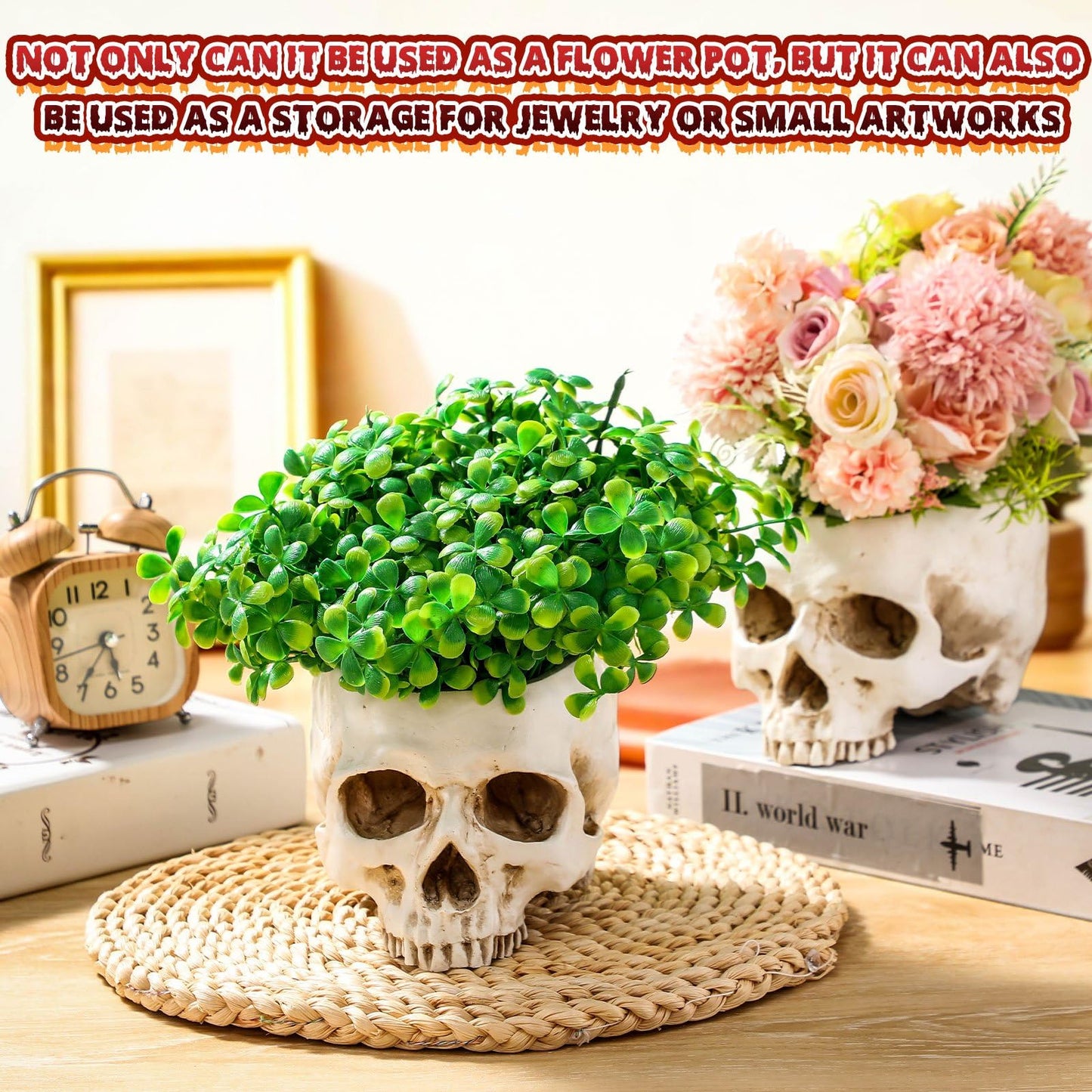 Acellegic Skull Planter Resin Skull Head Flower Pot Candy Bowl Spooky Gothic Decoration for Tabletop Home Bar Office Desk Halloween(2 Pack,Antique White,Classic)