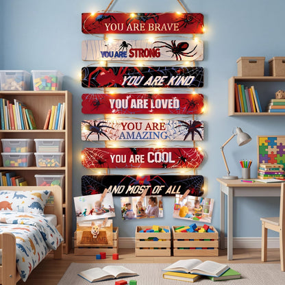 Threehoney Spider Room Decor with LED Lights for Boys Bedroom Wall Decor, Inspirational Spiders You Are Brave Wall Lights Art Decorations for Little Boy Kids Teen Room Playroom Sign Birthday Gifts