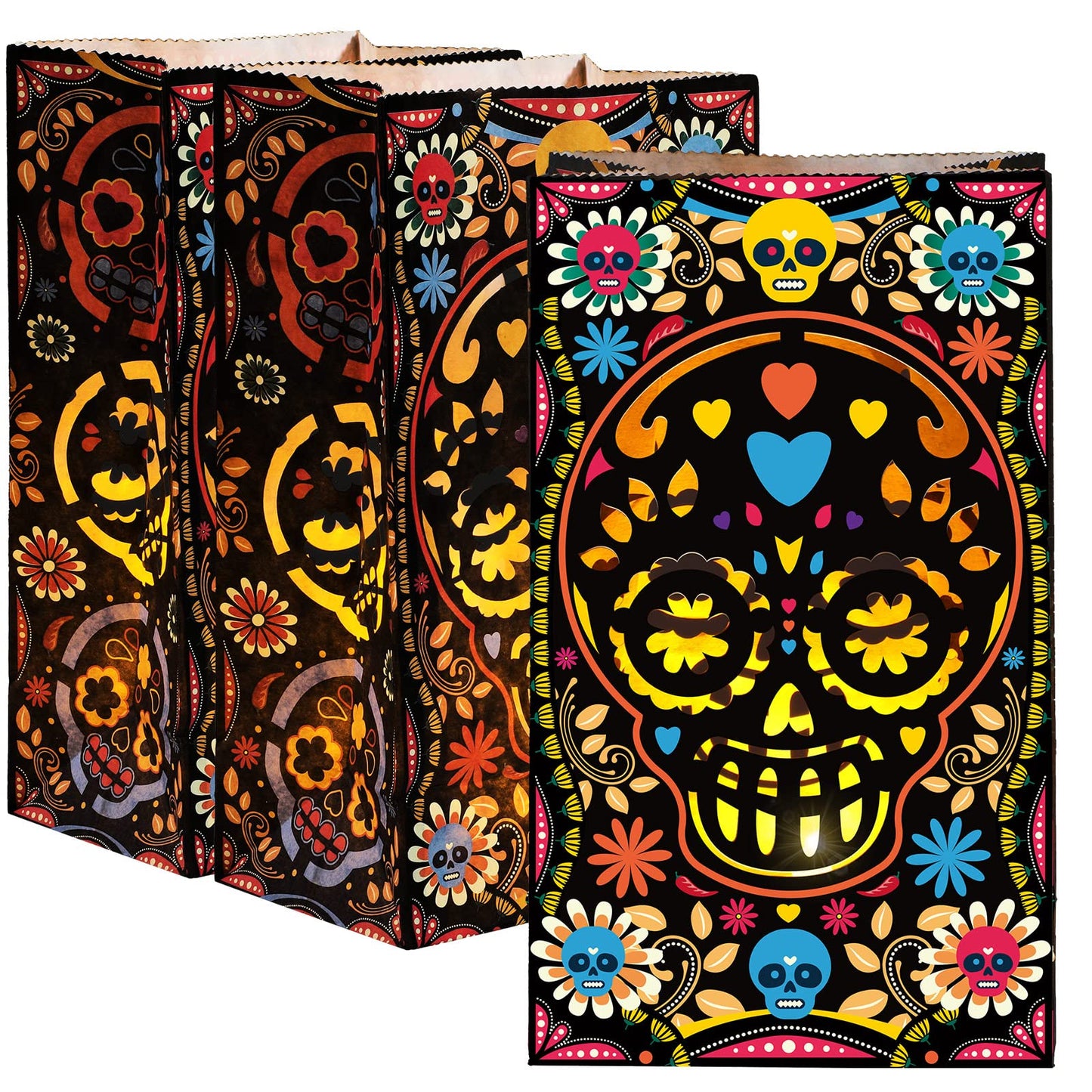 24 Pcs Halloween Day of The Dead Luminary Bags Paper Treat Bags Black Dia de Muertos Flame Resistant Candle Bags Goodie Present Wrap Bags for Halloween Party Favors Supplies