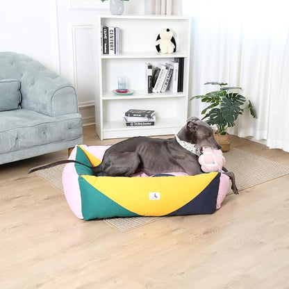 Cotton Canvas Dog Bed, Dog Beds Large Sized Dog, Orthopedic Bed with Washable Removable Cover Durable 290 GSM Cotton Anti-chewing Pet Bed with Anti-Slip Bottom (38"x30"x12", Pink&Yellow&Green)