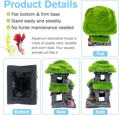 Hamiledyi Fish Hideout House for Aquarium Decorations, Betta Cave with Lifelike Moss, Come with 2 PCS Artificial Plants, Fish Tank Decoration for Shrimp Fish Shelter