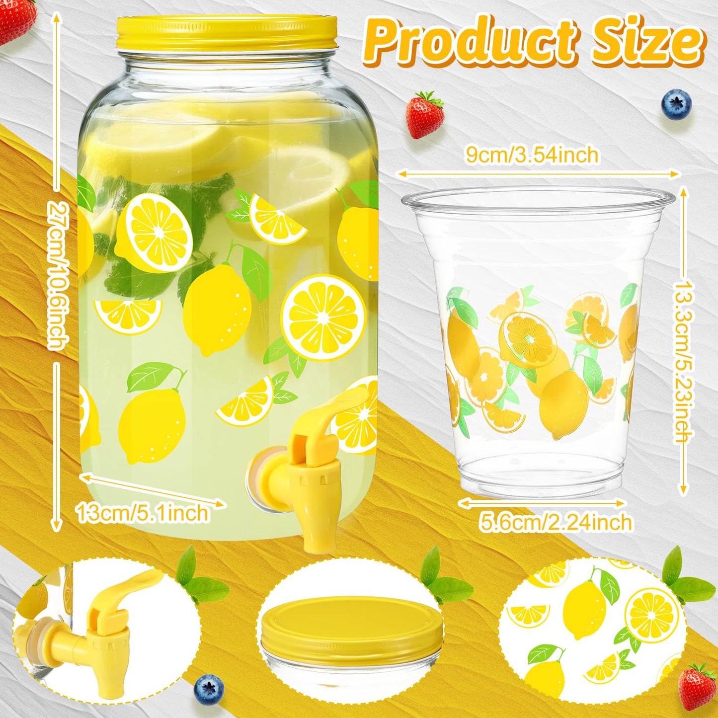 Umigy 1 Gallon Glass Lemonade Dispenser with 100 Pcs 16 oz Disposable Plastic Lemon Cups with Lids and Straw Drink Dispenser with Spigot for lemonade Stand Supplies Party Juice Ice Tea Beer Beverage