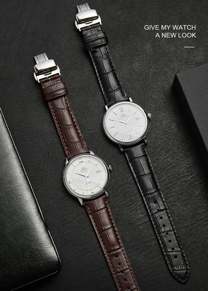 HEYOZURY Watch Bands Genuine Leather Embossed Alligator Grain Calfskin Deployment Buckle Replacement Strap for Women Men Bracelet Men's and Women's Watch Straps 14mm to 24mm