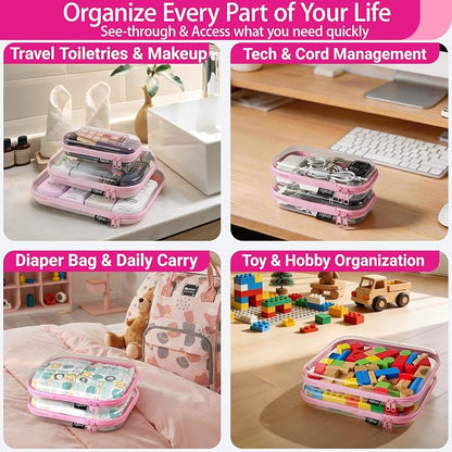 YQBRAO 4-Pack Clear Diaper Bag Organizer Pouches, 1.2mm Ultra-Thick PET Travel Pouches for Toiletries & Makeup, Rigid Self-Standing Bags with YKK Zippers, TSA Approved (Pink)