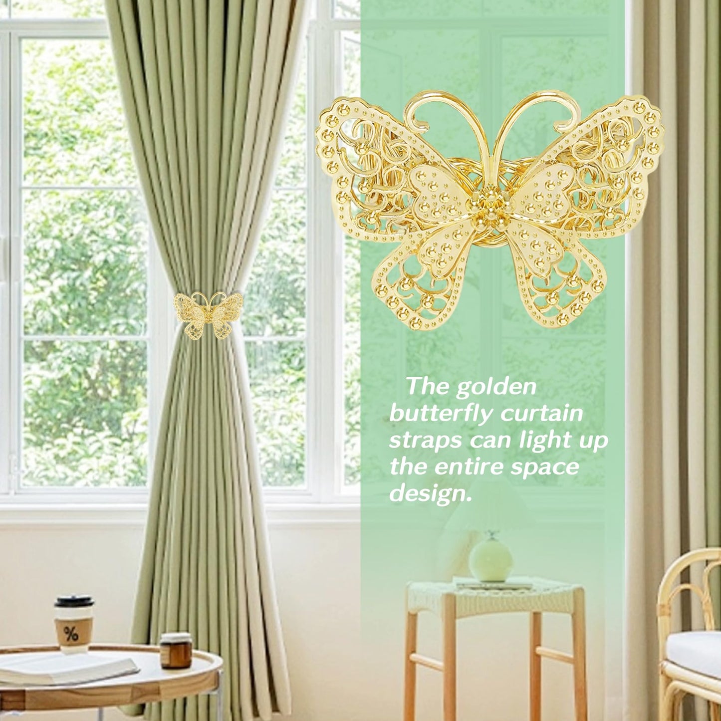 Butterfly Curtain Tiebacks 4 Pack, Gold Metal Curtain Holdbacks, Decorative Boho Curtain Tie Backs for Drapes, Self-Closing Window Curtain Holders for Home Office Cafe Balcony (Gold)