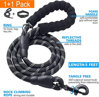 Ladoogo Reflective Dog Collar Padded with Soft Neoprene Breathable Adjustable Nylon Dog Collars for Small Medium Large Dogs (Small (Pack of 1), Black Collar+Leash)
