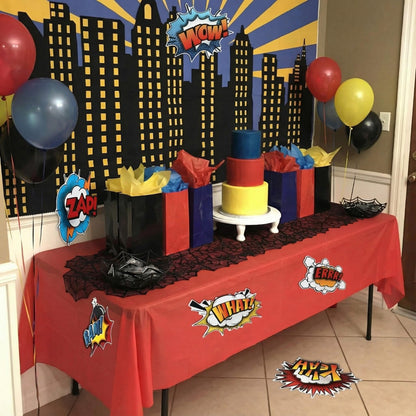 Preboun 6 Pcs Hero Party Decorations 3D Multilayer Comic Action Sign Cutouts Sign Fun Action Paper Cutouts Spider Bat Birthday Party Decor for Classroom Birthday Baby Shower Office Photo Prop (Hero)