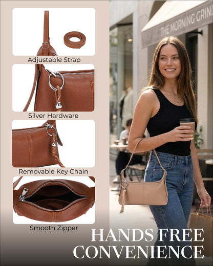 Small Shoulder Bag for Women - Crossbody Bag for Women, Mini Slouchy Shoulder Purse with Cute Keychain Charm & Adjustable Strap, Cognac