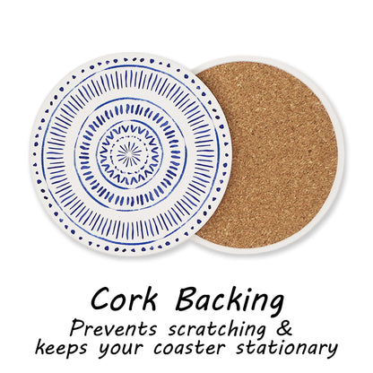 AD Set of 6 Coasters for Drinks Absorbing Round Ceramic Stone Coaster with Cork Base,Tabletop Protection Mat for Mugs and Cups,Office,Kitchen (Nordic Blue)