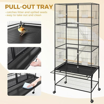 Extra Large Bird Cage, 69'' Metal Parrot Flight Cage with Storage Shelf & Pull-Out Tray for Mid-Sized Parrots Parakeets, Canaries, Finches, Cockatiels, Lovebirds