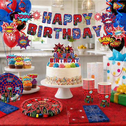 103pcs Spider Web Birthday Party Decorations Supplies, 10 Guests Spider Web Party Tableware Including Spider Balloons Cake Topper Banner Plates Spiral Pendant Cupcake Toppers etc Spider Party Supplies