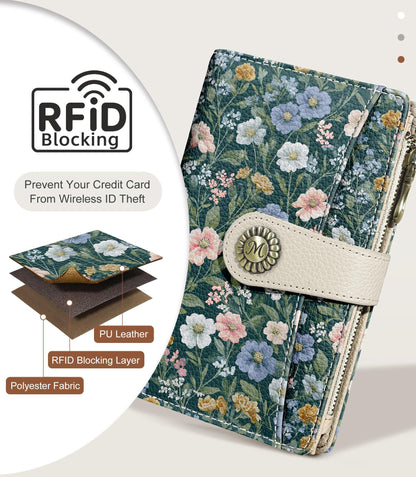 Flower Wallet Women RFID Blocking Bifold, Cute Passport Holder, Zipper Coin Pocket, Credit Card Holder, Travel billfold, PU Leather, Clutch, Cash Purse, Pen Holder, Gift for Woman Ladies Female Girls