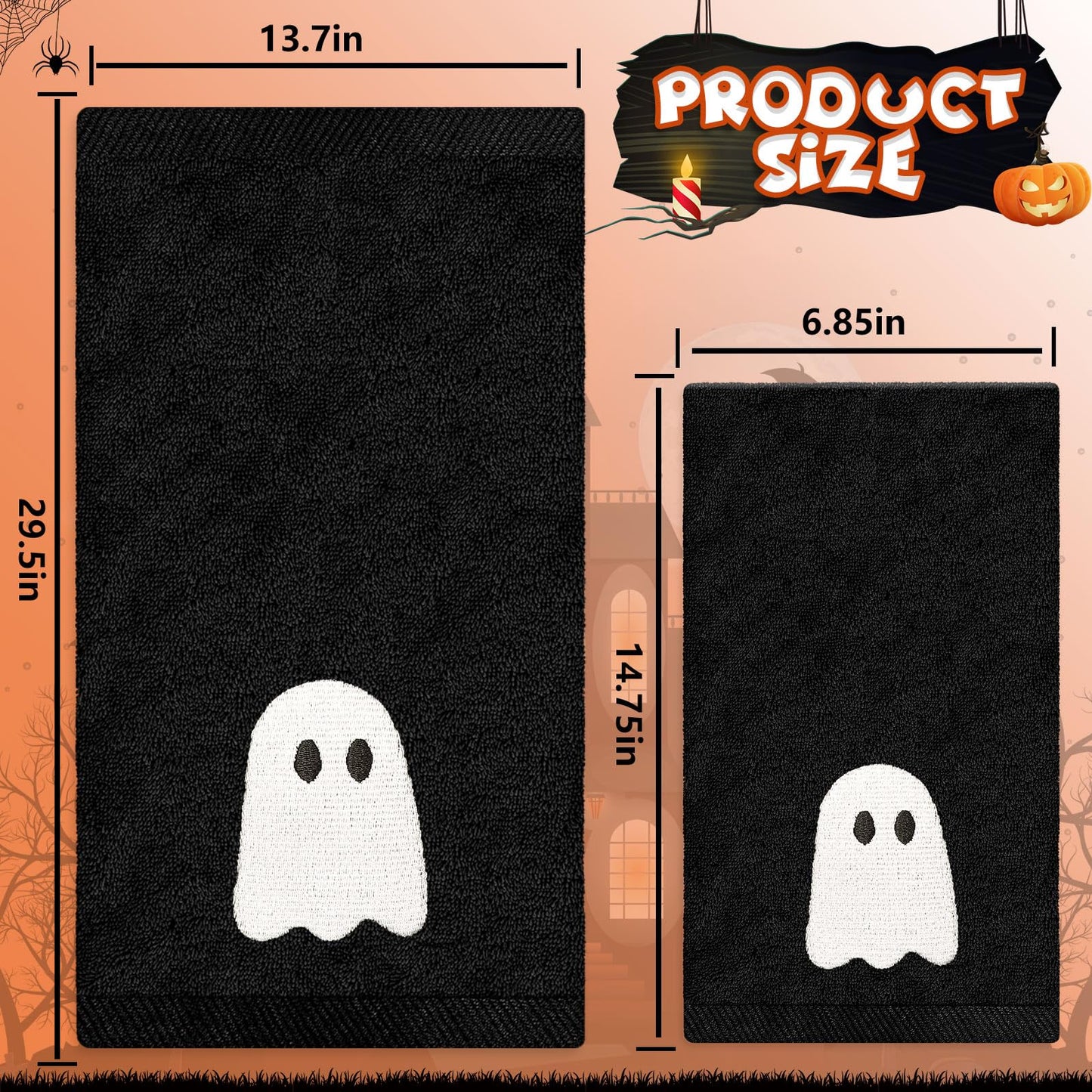 JarThenaAMCS 2 Pack Halloween Hand Towels Embroidered Black White Ghost Cotton Dish Towel for Bathroom Hand Drying Kitchen Cleaning Towel Gift Set, 29.5 x 13.7 Inch