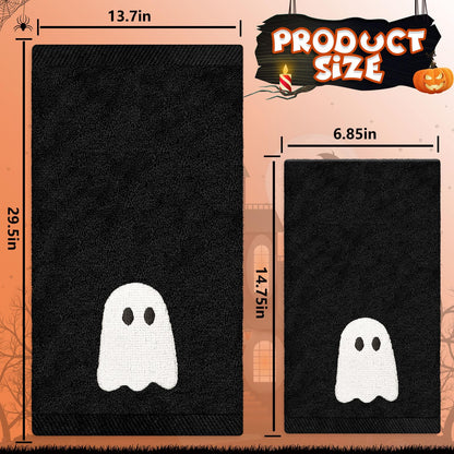 JarThenaAMCS 2 Pack Halloween Hand Towels Embroidered Black White Ghost Cotton Dish Towel for Bathroom Hand Drying Kitchen Cleaning Towel Gift Set, 29.5 x 13.7 Inch