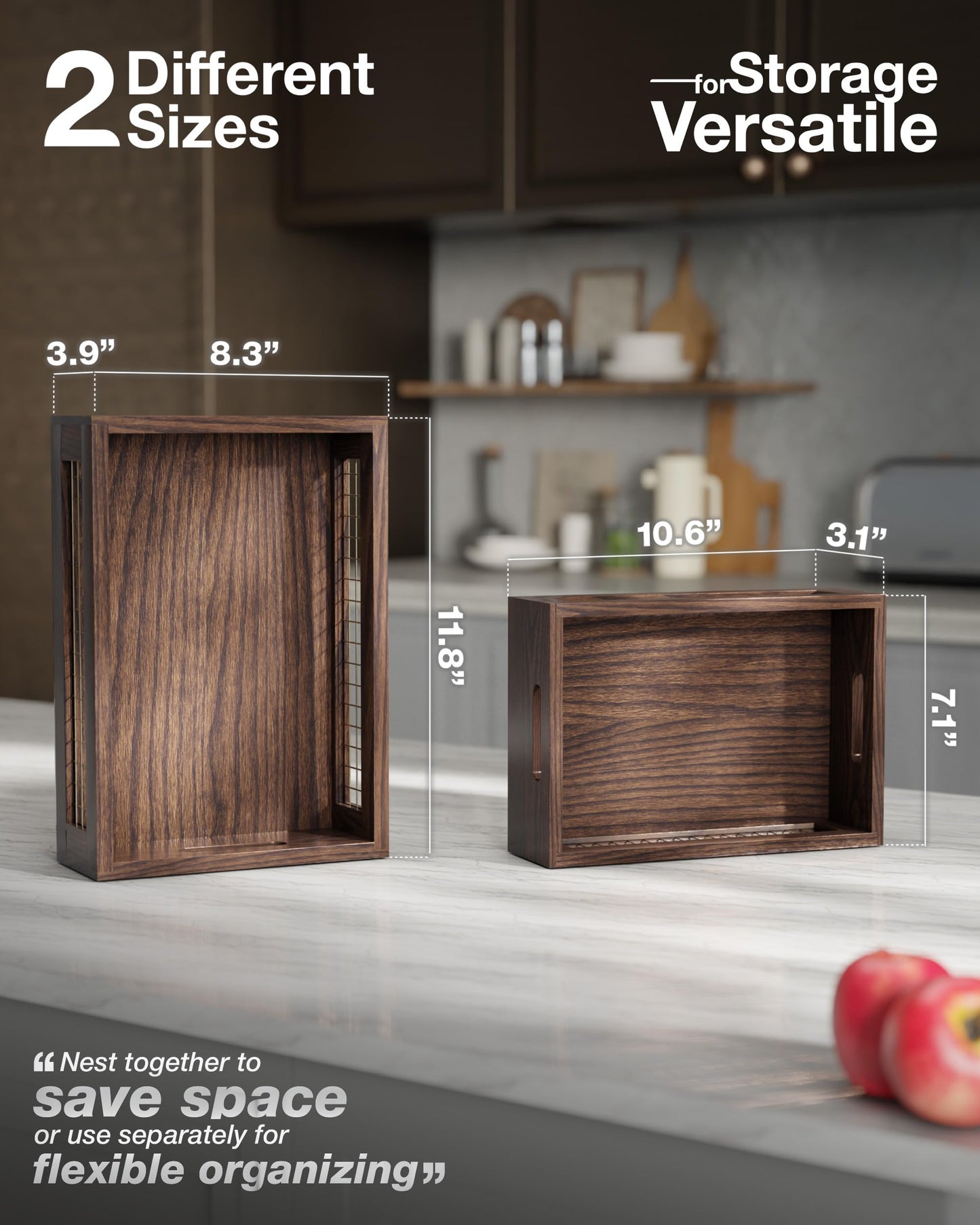 NAGAWOOD Wooden Countertop Baskets Set of 2 for Kitchen, Pantry|Wall Mount Upgrade with Full Accessories| Rustic Nesting Boxes|Wooden Organizer Crates for Vegetables, Produce, Bread