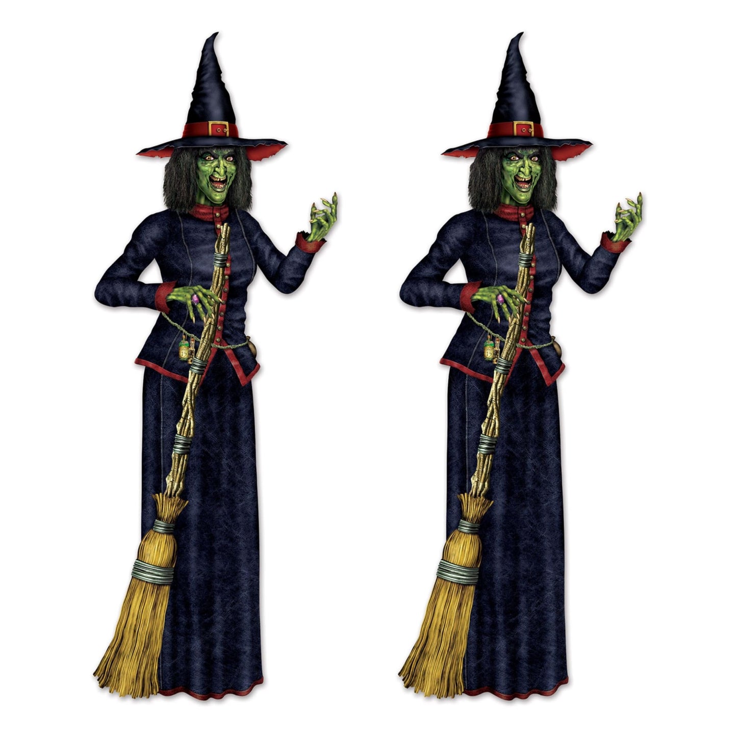 Beistle Jointed Witch Decorations – 2 Pack, Poseable Halloween Cutouts, Cardstock Paper Wall Decorations, Spooky Green Witches Holding Brooms for Haunted Houses, Parties, and Seasonal Displays, 6' 2"