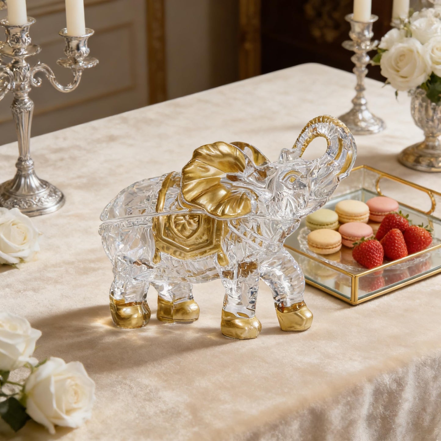 Hand Painted Gold Large Crystal Elephant Candy Jars with Lid, Glass Elephants Candy Dishes Gifts for Elephant Lovers, Sparkling Art Animals Collectible Decoration for Home Table Centerpiece.