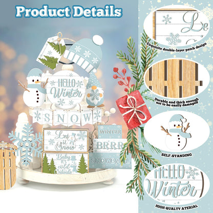 FairySandy 15 Pcs Winter Tiered Tray Decor Snowman and Snowflakes Wooden Signs Farmhouse Winter Tiered Tray Decorations Set Wood Table Decor for Holiday Home Kitchen