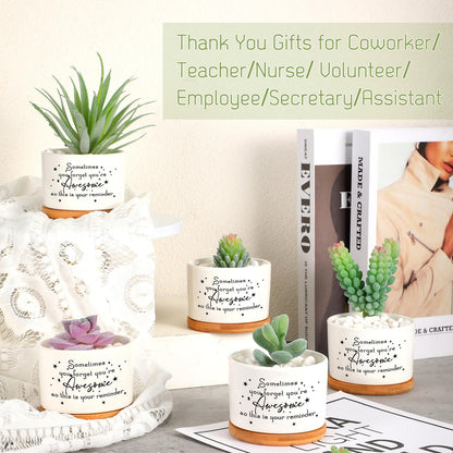 Seewey 12 Pcs Inspirational Succulent Pots Thank You Gift Bulk for Women Employee Teacher Coworker Sometimes You Forget You're Awesome Small Ceramic Plant with Bamboo Trays for Office Staff Graduation