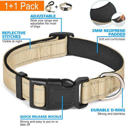 Ladoogo Reflective Dog Collar Padded with Soft Neoprene Breathable Adjustable Nylon Dog Collars for Small Medium Large Dogs (Medium (Pack of 1), Vanilla Collar+Leash)