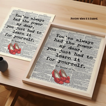 You've Always Had The Power, The wizard of oz Quote, Wicked the Good Witch Quote, Encouragement Christmas Gift for Daughter, Women, Teens, Girls Bedroom Wall Decor, Dictionary Art Print Unframed (8"x10")